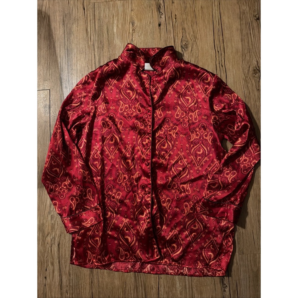 Secret Traewsures Vintage Sleep Shirt Silky Satin Size M Red & Gold Paisley